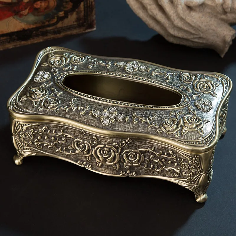 

Luxurious gold/ bronze metal tissue box retro napkin holder with flower engaved tissue container for home decoration ZJH007