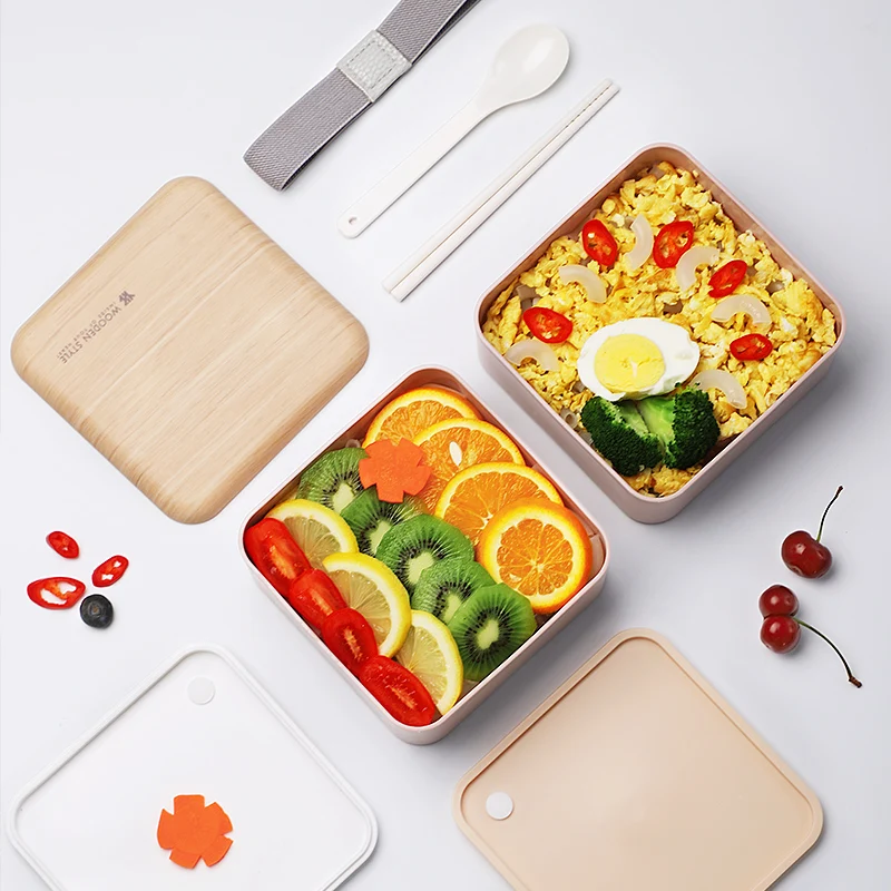 

Baby Food Storage Box Picnic Box Double Layer 2 Grid Wooden Style Bento Food Container Portable 1400ML