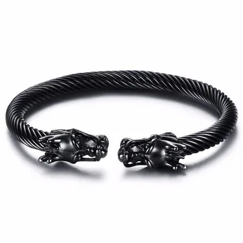 

Black Two Dragon Head Cuff Bracelet Bangle for Men Boys 316L Stainless Steel Interwoven Wire Viking Vintage Male Jewelry