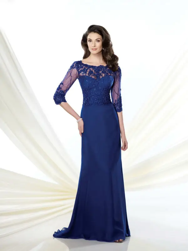 

ZY199 Long Blue Sheath Chiffon Mother of the Bride Dresses 2015 O Neck Three Quarter Sleeves Appliques Sequined Mother Dresses