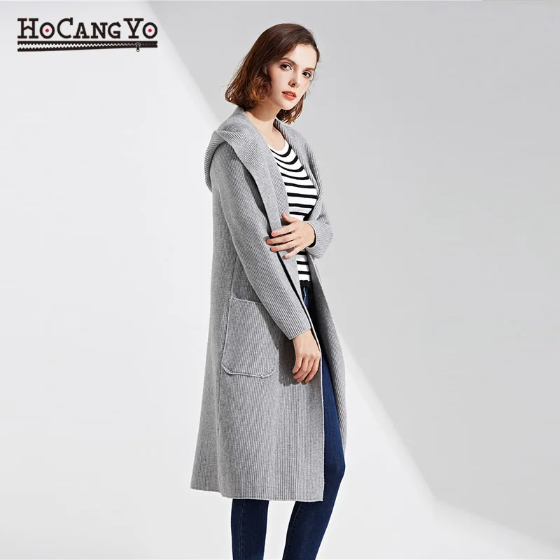 HCYO длинный толстый свитер Для женщин с капюшоном трикотажные кардиганы свитер пальто оверсайз Для женщин Свободные Повседневное теплые