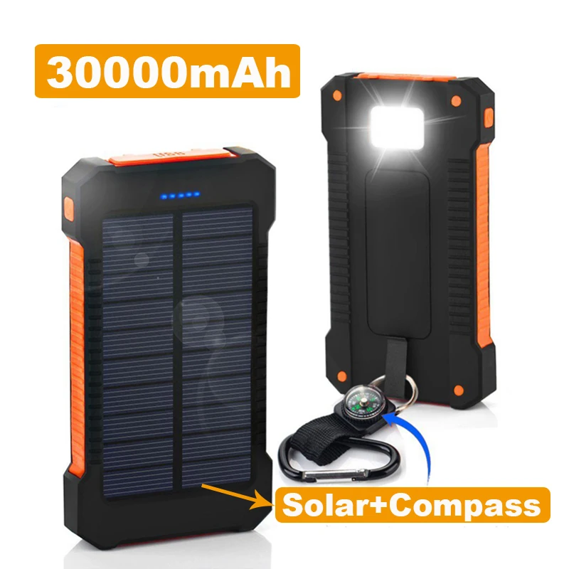 

30000mAh Solar Power Bank Compass Waterproof Solar Charger 2 USB Ports External Charger Powerbank for Xiaomi iPhone XS 6 6S 7 8