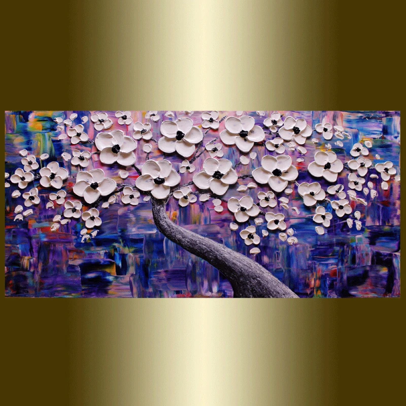 

Hand painted thick knife oil painting Cherry Blossom purple modern home decoration wall art picture for living room on canvas