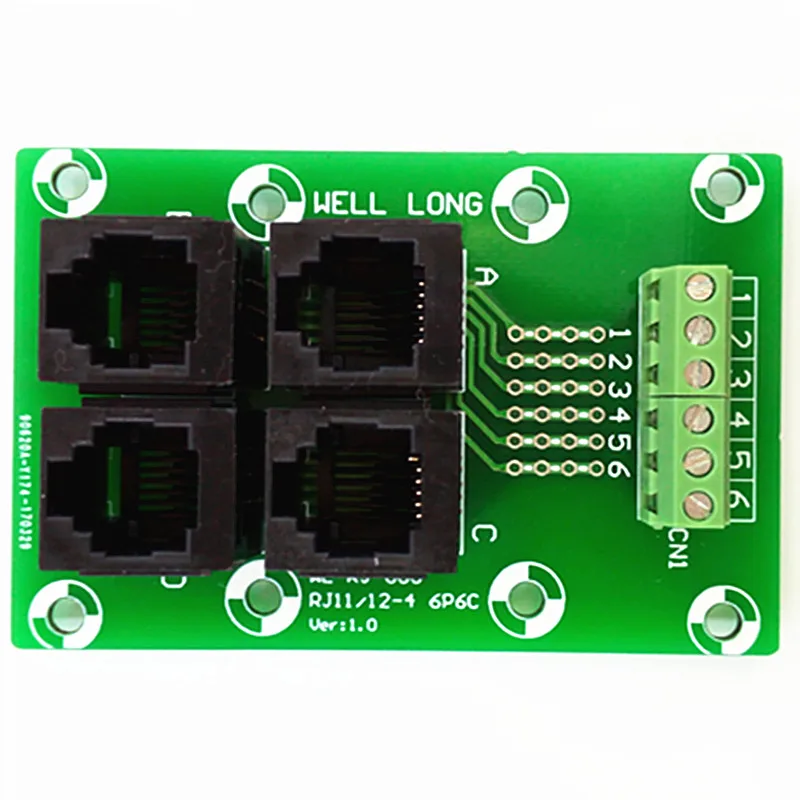 RJ11/RJ12 6P6C Jack 4-Way Buss Breakout Board, Клеммная колодка, разъем