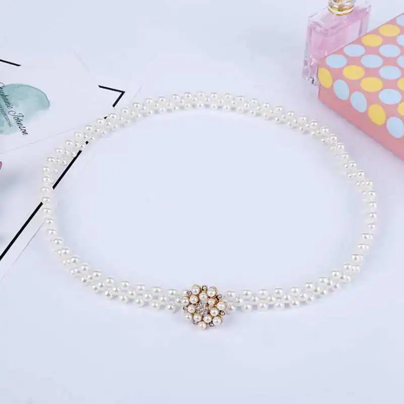 Elegant Women Pearl Belt Waist Belt Elastic Buckle Pearl Chain Female Girls Dress Crystal Strap