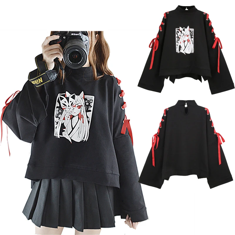 

Japan Style Fox Printed Cross Ribbon Sleeve Coat Black Pullover Top Women's Autumn Long Sleeve Shirt One Size