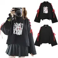 Japan Style Fox Printed Cross Ribbon Sleeve Coat Black Pullover Top Women's Autumn Long Sleeve Shirt One Size