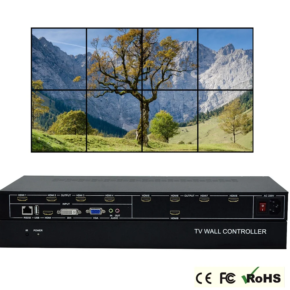  9 Channels TV Wall Controller 3x3 2x4 4x2 HDMI DVI VGA USB Video Processor TV Splicing Box With RS2
