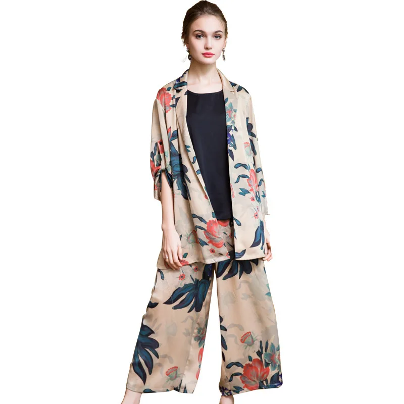 

2018 female original design new spring and summer high quality plus size printing chiffon top + pant two piece set