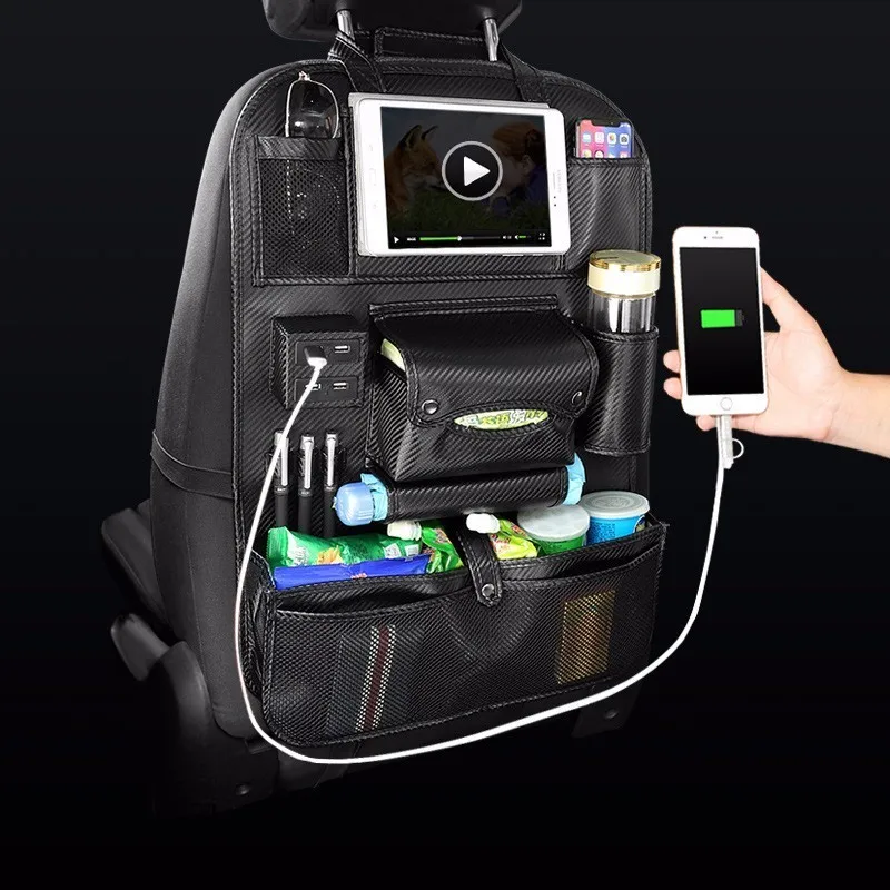 OHANEE органайзер для заднего сиденья автомобиля анти kick pad чехол для ipad подстаканник сумка и гнездо для зарядки USB настольная подставка заднее сиденье автомобиля - Название цвета: carbon fiber