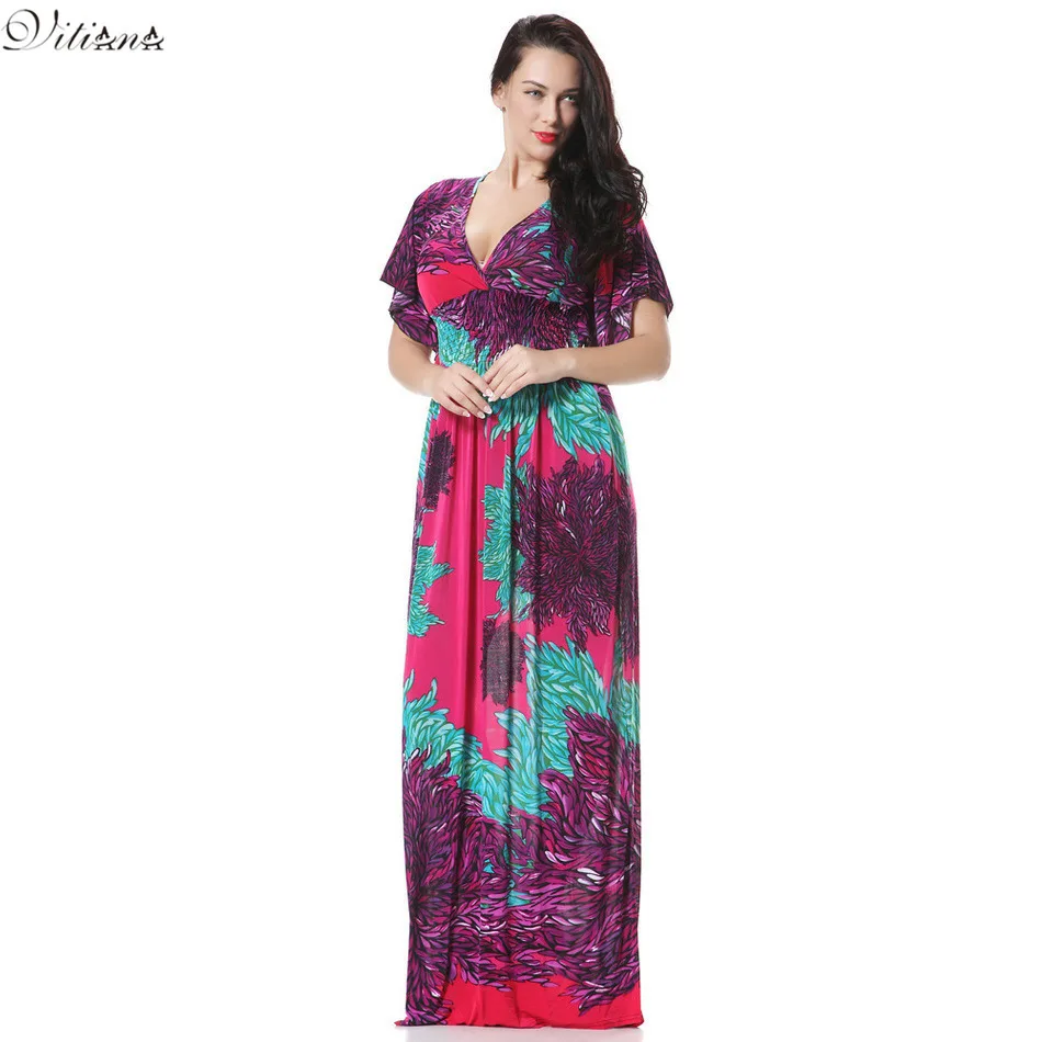 

2017 Womens Summer Elegant Print Beach Dress For Vacation Bohemian Maxi Long Dresses Plus Size 6XL 7XL Vestidos 3004