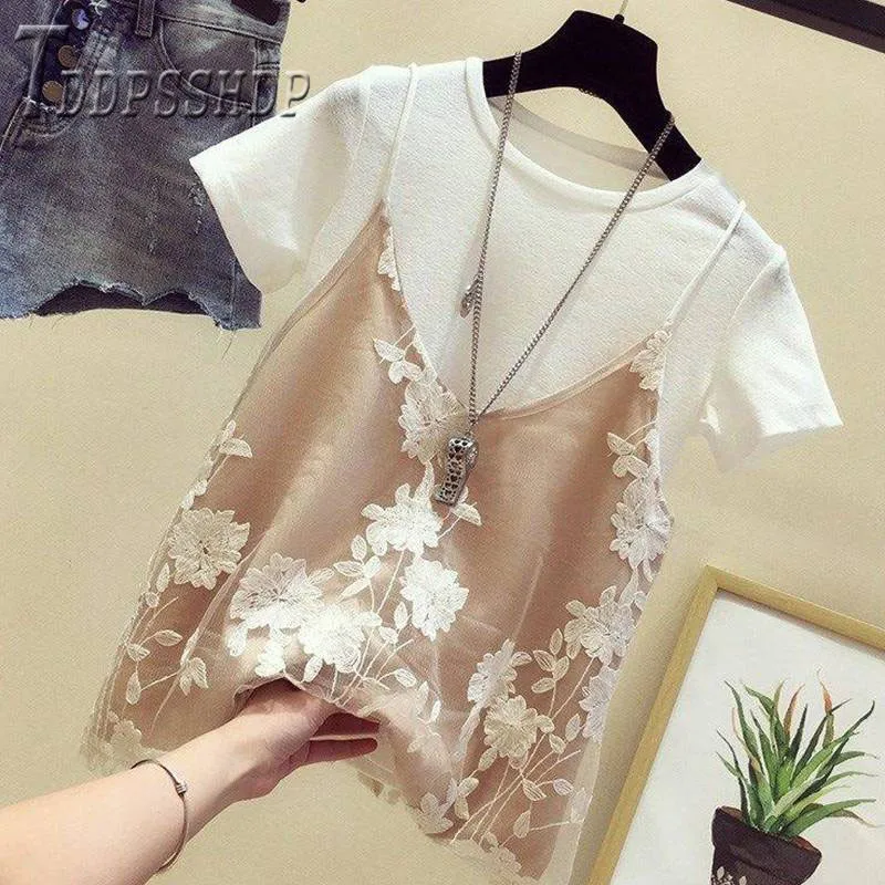 

2019 Summer Plus Size Hipster Women T Shirt Fake Two Pieces Fashion Female Tee Tops