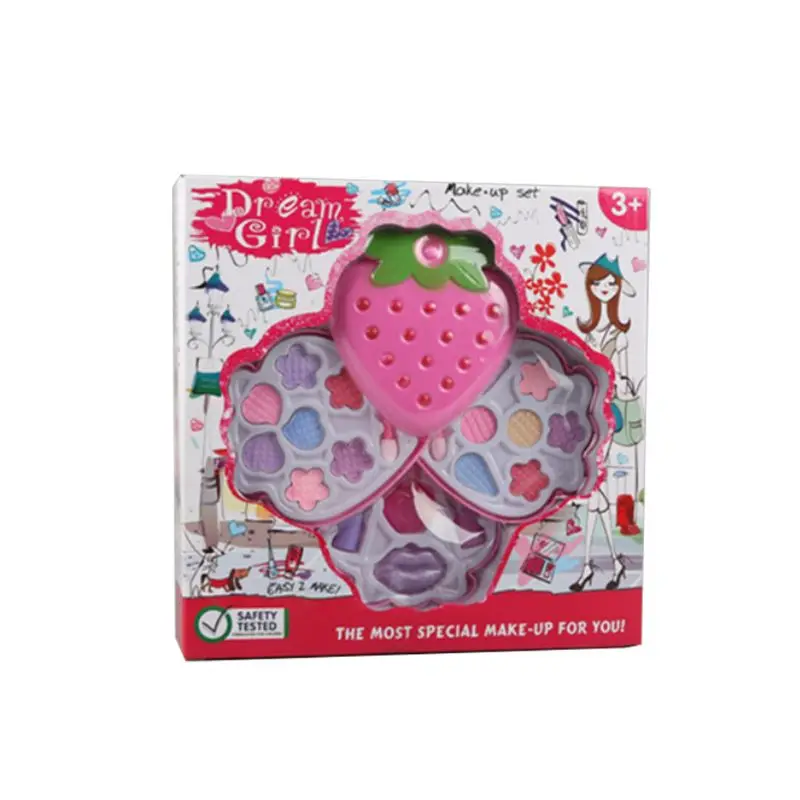  Strawberry Shape Cosmetics Makeup Set Princess Girl Eyeshadow Lip Gloss Brushes Kit Pretend Play To