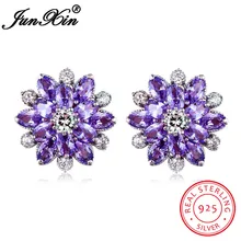 JUNXIN Настоящее серебро 925 пробы Снежинка серьги гвоздики для женщин полный циркон цветок фиолетовый/Сережка в виде веера свадебные украшения