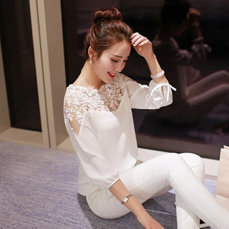 Hengsong Летняя женская шифоновая блузка, модные женские кружевные рубашки, Белый Топ, футболка, женская блузка с длинным рукавом, прошитая блузка