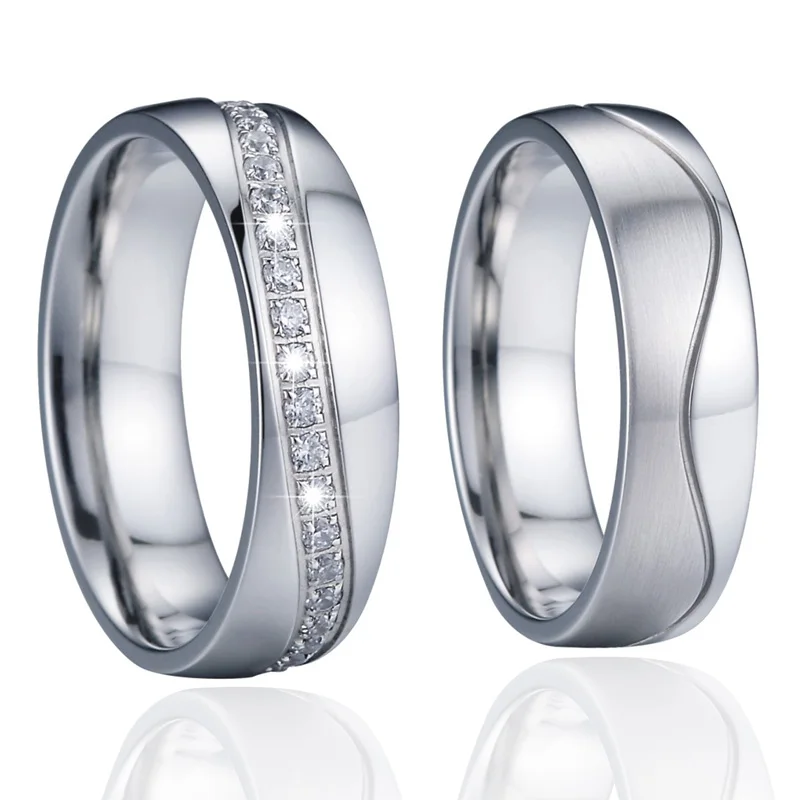 Cubic Zirconia Wedding Band Engagement Rings Never Fade Super Nice Men Silver Color Promise Couple Rings for women