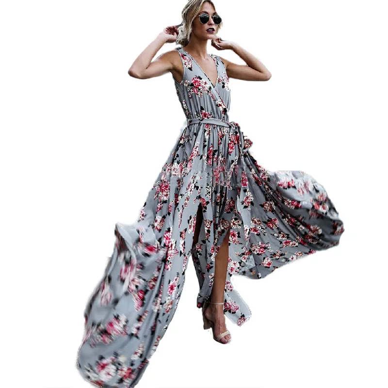

2019 Summer Long Dress Floral Print Boho V-Neck high waist Bow Bandage Dress Floor-Length Evening Party Beach Dresses