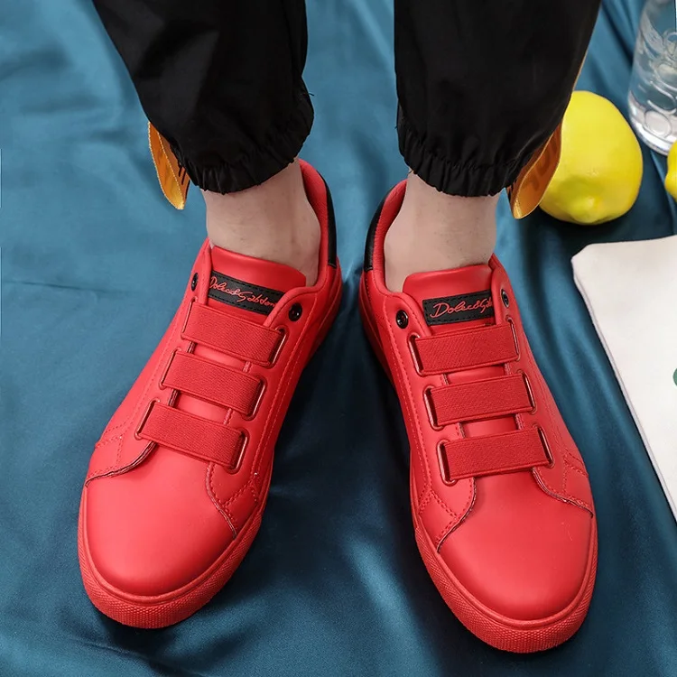 Spring Autumn Man Skateboarding Leather stitching Shoes Sneakers Breathable Elastic band  Hard-Wearing Round head Flat Shoes Man (21)