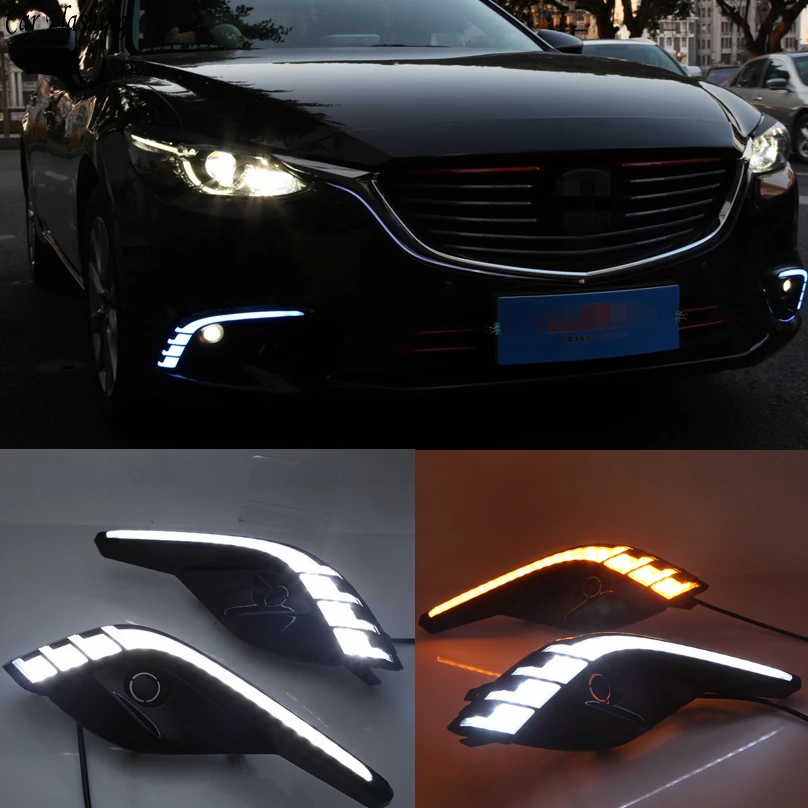 Автомобильные мигающие 2 шт. DRL для Mazda 6, мазда 6, Atenza,,, светодиодный дневные ходовые огни, дневной свет с желтым указателем поворота