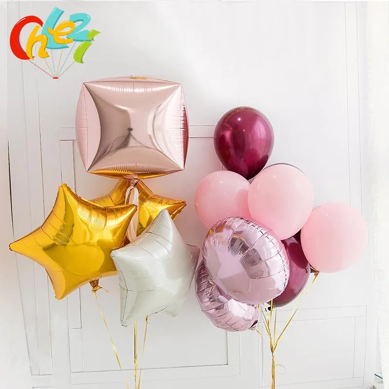 

15pcs Rose Gold Round ballons 45cm 4D Champagne square Foil balloons Wine red Latex balloons Wedding Party decor birthday balls