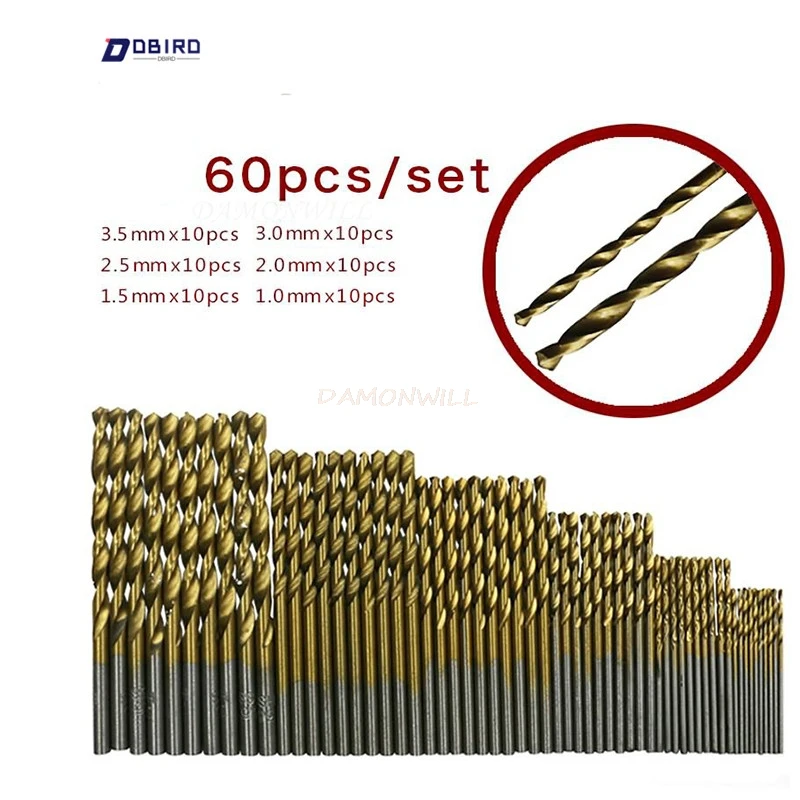 

60Pcs/set HSS Twist Drill Bit Set Saw Set Titanium Coated Drill Woodworking Wood Tool 1/1.5/2/2.5/3/3.5mm For Metal hot