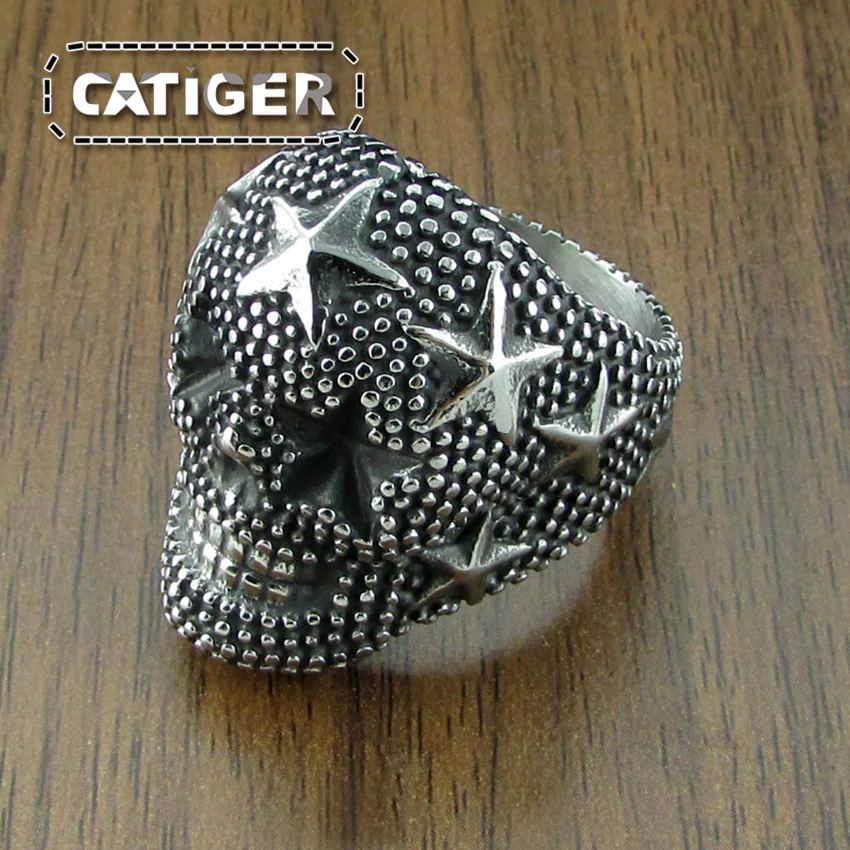 Punk Size 7 to Size 15 Mens Boys 316L Stainless Steel Cool Golden Plated Star Terminator Punk Gothic Biker Skull Ring
