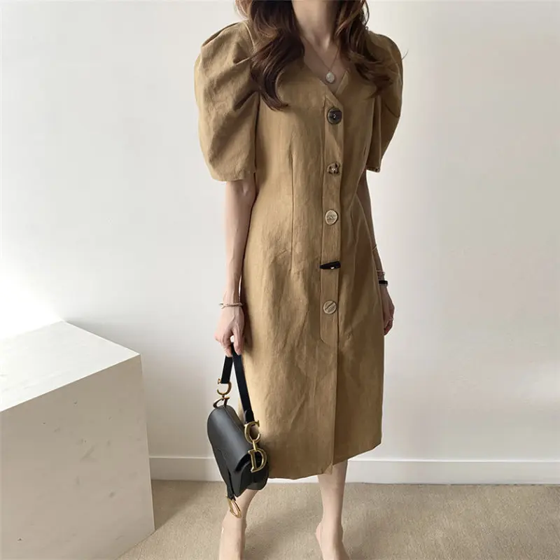 

Alien Kitty Vintage V-Neck Waist-Controlled Slim Elegant Sweet Short Sleeves New 2019 Slender Women Long Cotton Linen Dresses