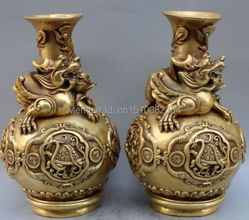 

13" Marked Chinese Bronze Dragon Phoenix Beast Turtle Pixiu Flower Vase Pot Pair