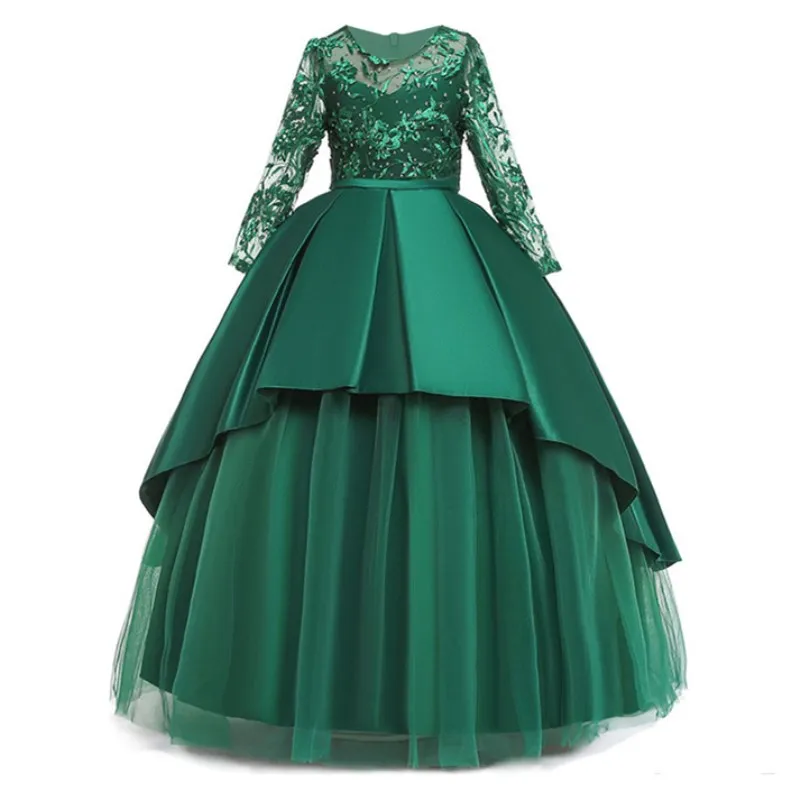 Вечернее платье для девочек; коллекция года; Сезон Зима; детское кружевное платье с цветочной вышивкой; элегантные свадебные платья с длинными рукавами для девочек; платье принцессы - Цвет: Green