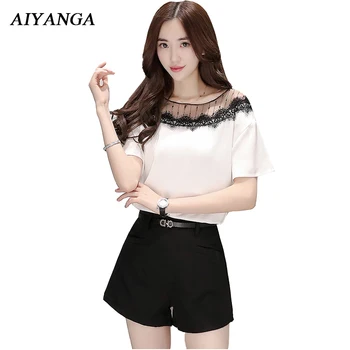 

New 2018 Summer Women's Sets 2 Pieces Female Lace Mesh Short Sleeve Tops Black Shorts Office Lady Elegant White Top S-2XL