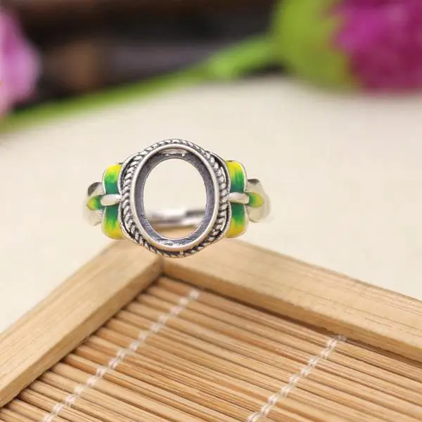 

Sterling Silver 925 Cloisonne Enamel Semi Mount Ring Setting 8x10mm Oval Cabochon China Style Unique Fine Jewelry
