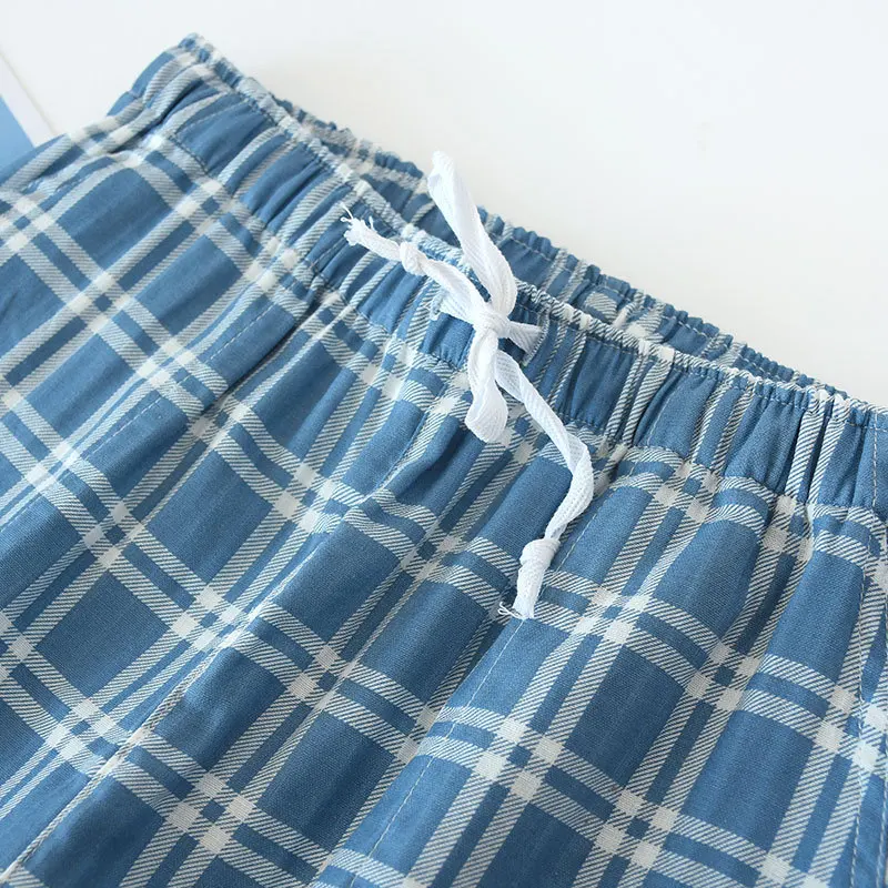 Men's Cotton Gauze Trousers Plaid Knitted Sleep Pants Woman Pajamas Pants Bottoms Sleepwear Short for Couples Pijama Hombre mens pjs sale