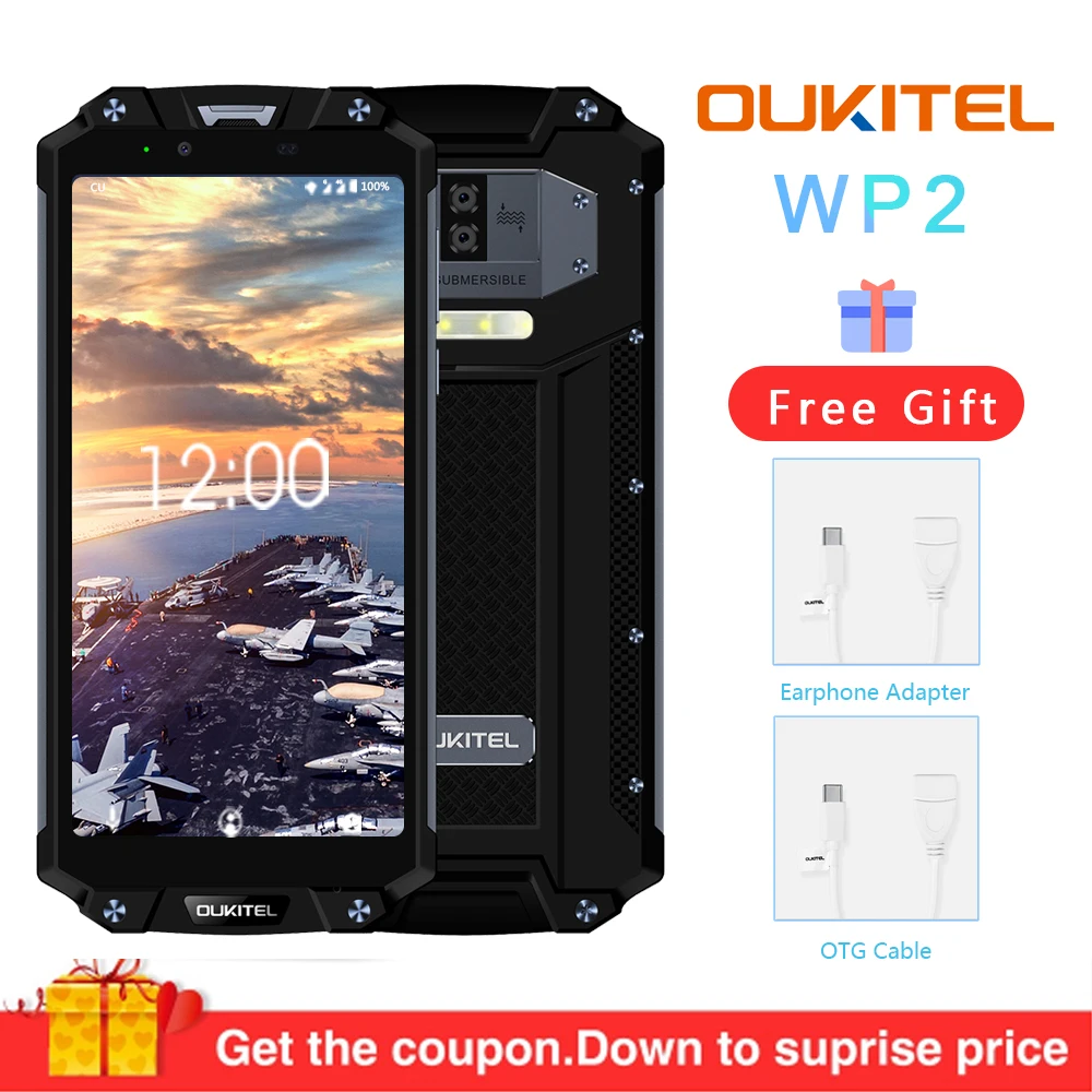 

OUKITEL WP2 IP68 Waterproof Dust Shock Proof Mobile Phone 4G RAM 64G ROM Octa Core 6.0" 10000mAh Fingerprint Smartphone phablet