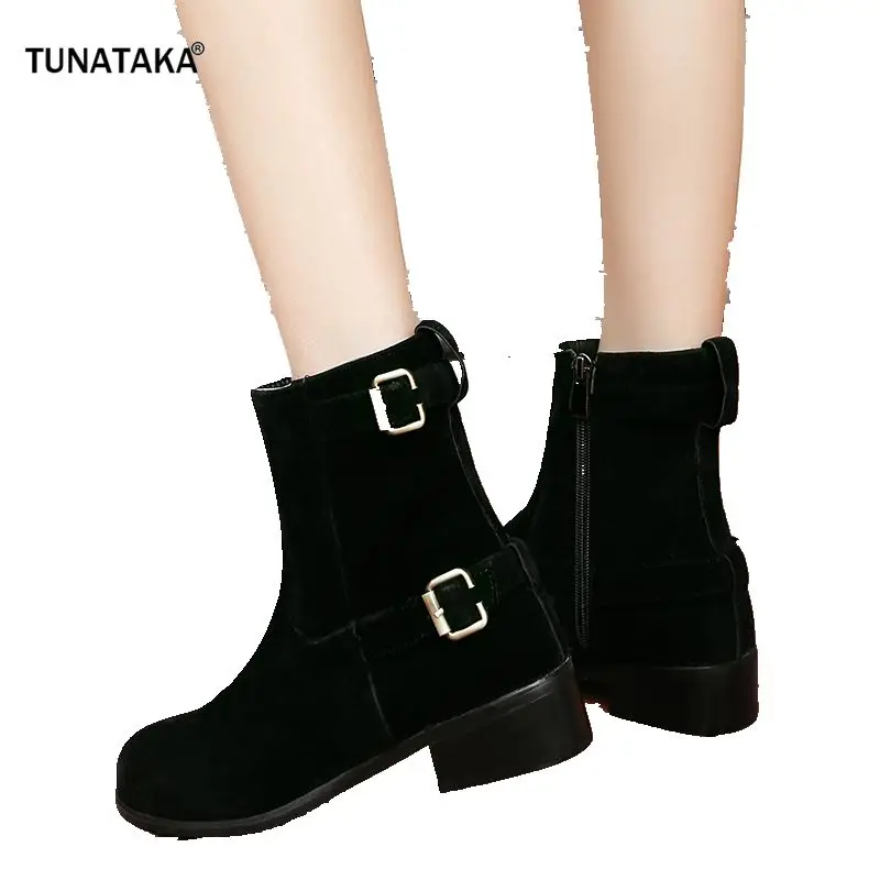 

Women Flock Ankle Boots Thick Low Heel Fashion Booties Zipper Winter Boots Female Shoes Plus Size 43 2018 New