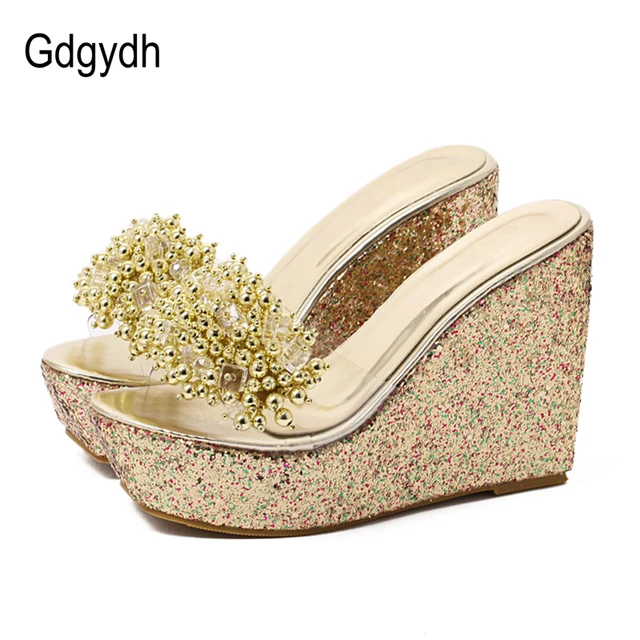 Gdgydh 2018 Summer Fashion Rhinestone Wedges Sandals Women Sexy Trifle Slides Casual Beading Open Toe Female Sandals Plus Size