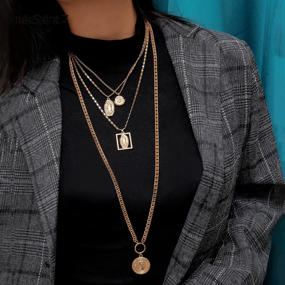 

IngeSight.Z Boho Long Multi Layer Choker Necklace 4 Pendants Queen Virgin Mary Sun Face Fashion Women Charm Jewelry Female Gifts