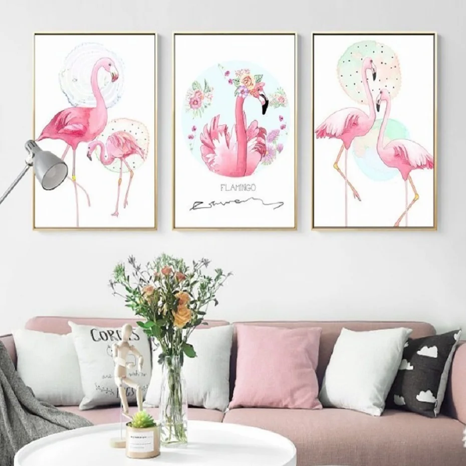 

SURE LIFE Pink Flamingo Animals Flower Love Poster Canvas Printings Wall Art Paintings Pictures for Bedroom Home Decorations