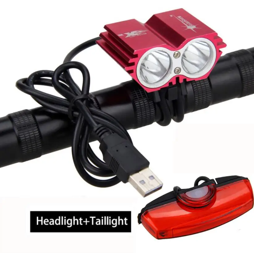 Double LED USB Rechargeable Road MTB Bike Front Light 20W Head Lamp Car Charger