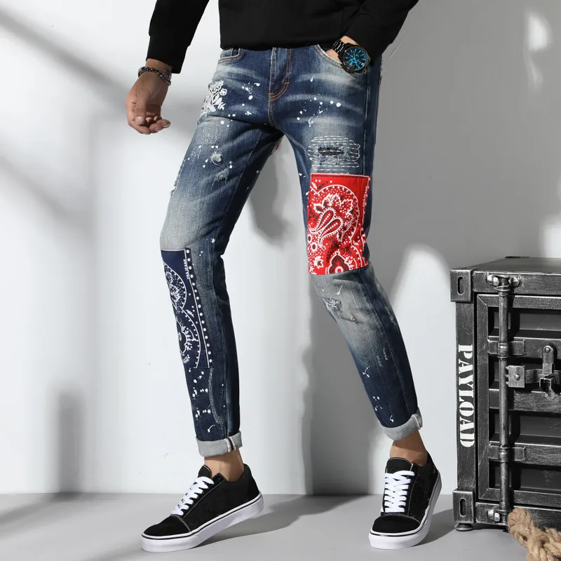 Италия человеку окрашенные точка зауженные мужские джинсы Emdroidery джинсы с пэчворком мужской Street Wear Quatliy удивительные брюки