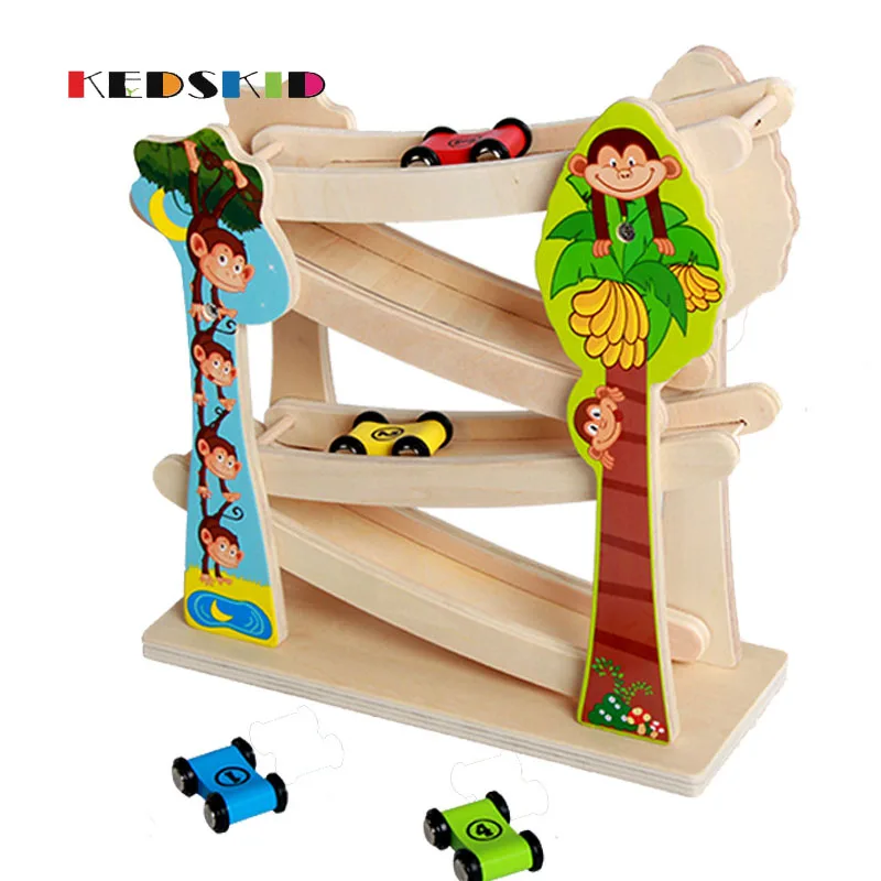 

Two sided pattern Giraffe Monkey fly car wood slot track car toys pedagogical model to push toy for kids boy gifts