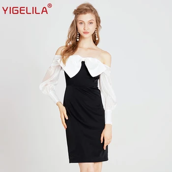 

YIGELILA 2019 Women Off Shoulder Dress Fashion Slash Neck Lantern Sleeve Bow Patchwork Empire Sheath Black Party Dress 63188