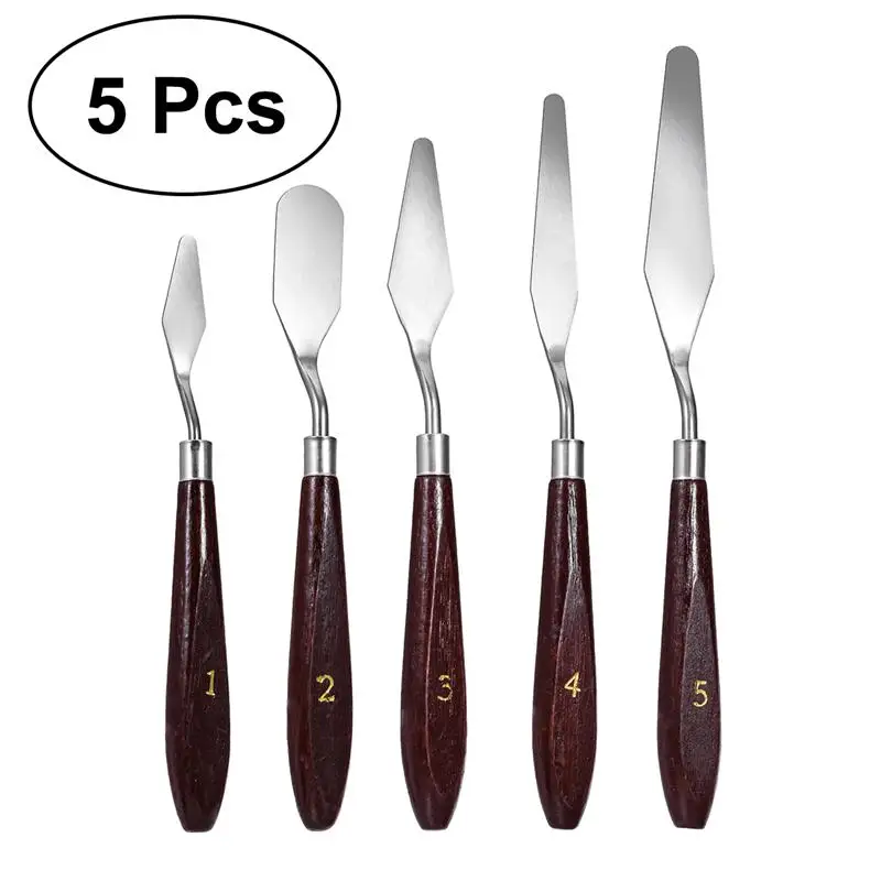 5 Pcs Palette Knife Painting Stainless Steel Spatula Palette Knife Oil Paint Metal Knives Wood