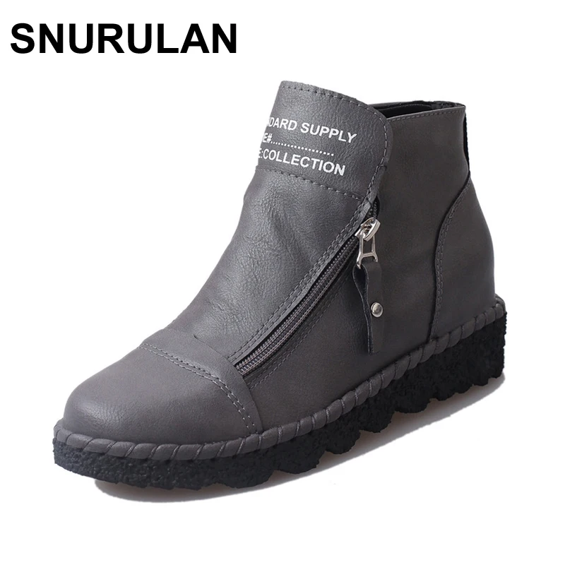 

SNURULAN 2017 Autumn Winter Women Shoes Zipper Casual Female Student Short Boots PU Leather Waterproof Flat Shoes Ankle Boots