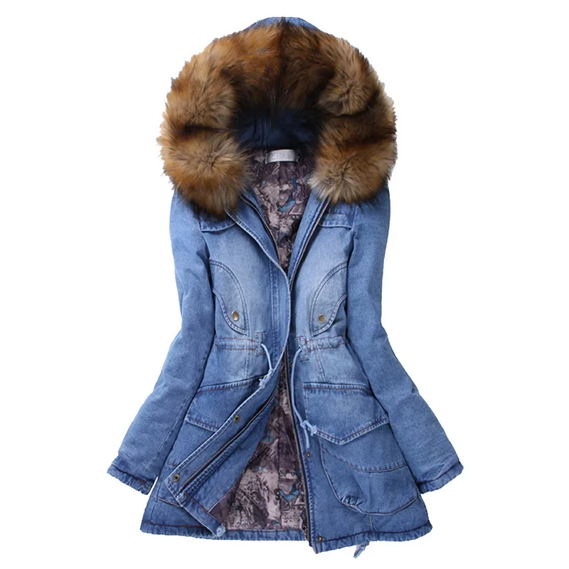 

CYSINCOS 2019 New Winter Women Denim Fur Collar Coat Warm Jean Coat With Hooded Solid Fashion Cotton Vintage Denim Coat Outwears