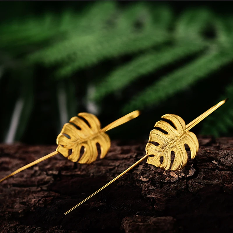 Lotus Fun Real 925 Sterling Silver Handmade Fine Jewelry Creative Monstera Leaves Design Dangle Earrings for Women Bijoux