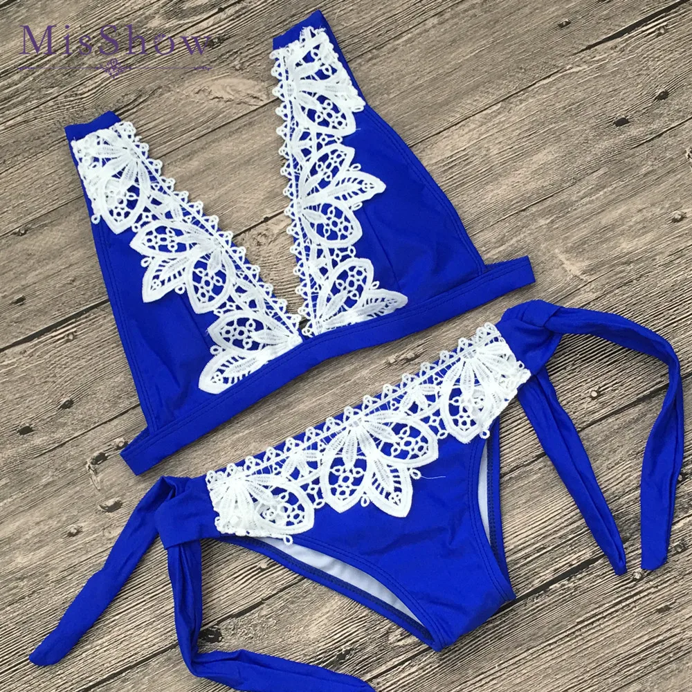 

Misshow 2019 Women Lace Patchwork Red Swimwears Female Swimsuits Bikinis Set Maillot De Bain Femme Women Low Waist Bathing Suit