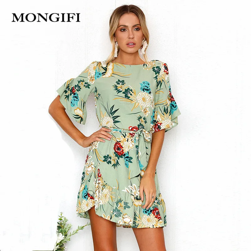 MONGIFI Цветочный принт летнее платье Для женщин O шеи Flare рукавом неровности