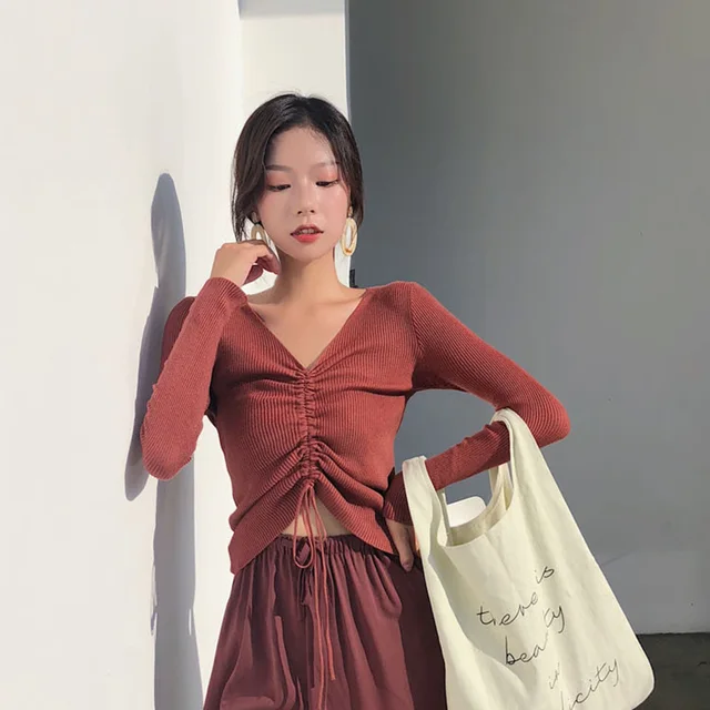 AOSSVIAO Sexy lace up knitting pullover top Fashion autumn winter sweater women Chic pink V-neck knit slim jumper pull femme Red