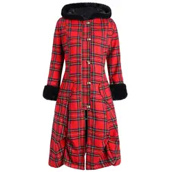 2018 Зимний Рождественский плед Lace-up плюс Размеры Тренч Для женщин с капюшоном свободные XL-5XL пальто