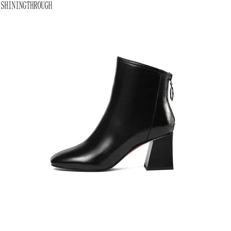 

Fashion Women Ankle Boots Genuine Leather Autumn Winter Warm High Heels Back Zipper Motorcycle Boots Brand Shoes Woman